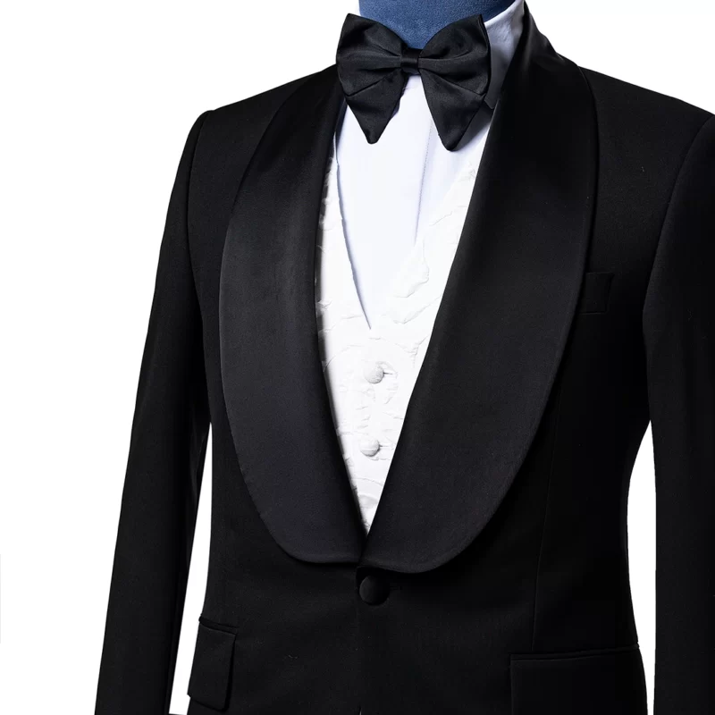 کت شلوار یقه آرشال پهن ساتن Weding مشکی1